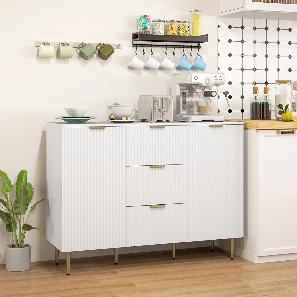 HOMCOM Dulap de Depozitare pentru Bucatarie cu 3 Sertare, Rafturi Reglabile și Picioare Metalice, 120x40x89,5 cm, Alb | Aosom Romania