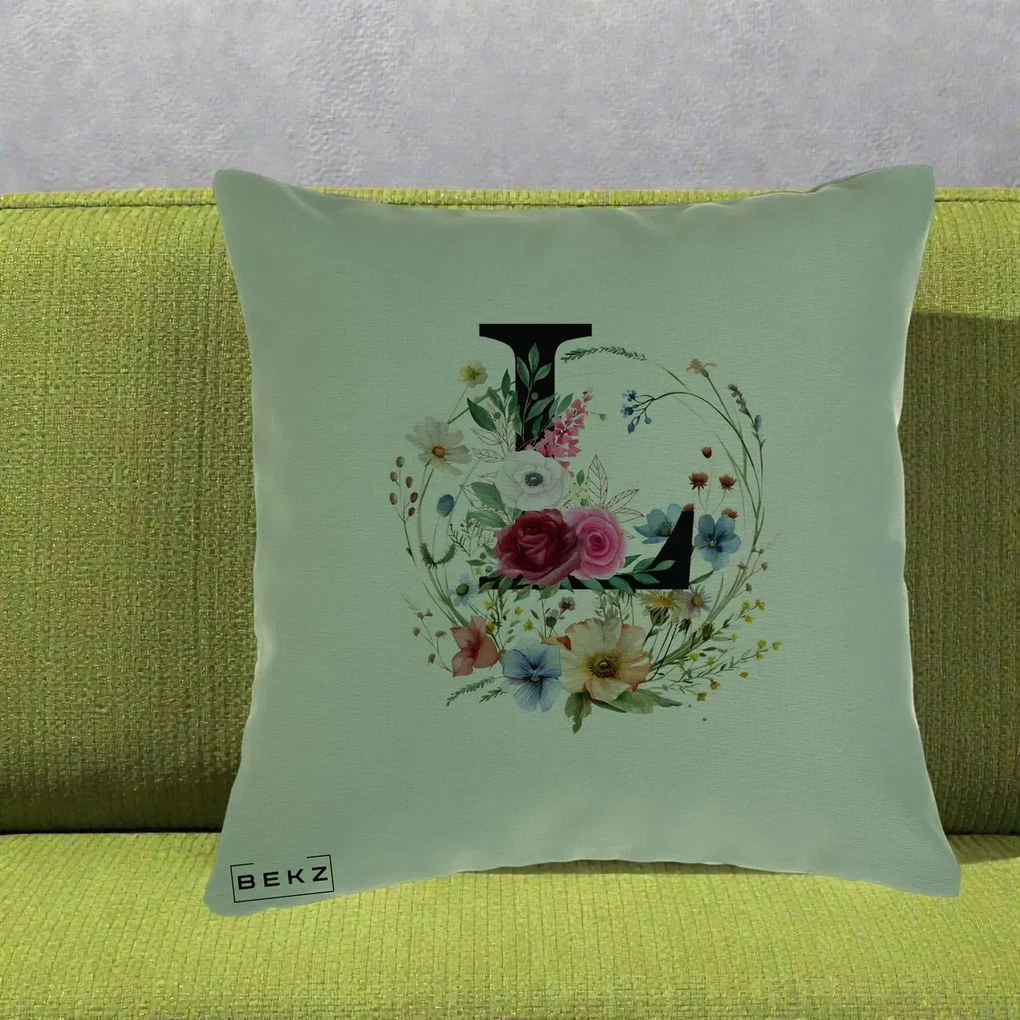 Cadou Personalizat - Perna Personalizata Monogram Litera L cu Flori Acuarela, 40x40 cm, Verde, Husa Detasabila, Perna Inclusa, BEKZ®