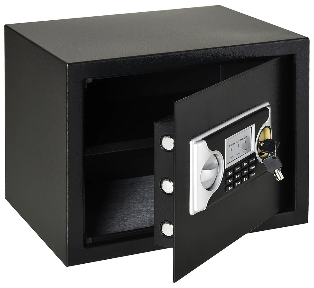HOMCOM Mini seif electronic cu cod, cheie de siguranță și alarmă, fabricat din oțel, dimensiune 38x30x30 cm culoare negru 