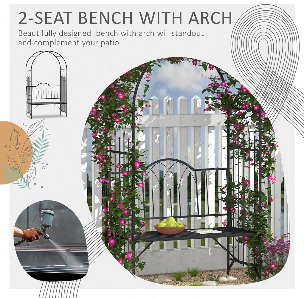 Outsunny Bancuta de Gradina cu Arc, 2 Locuri, cu Bolta pentru Flori Suspendate, Design Elegant, Rezistent la Intemperii, Negru | Aosom Romania
