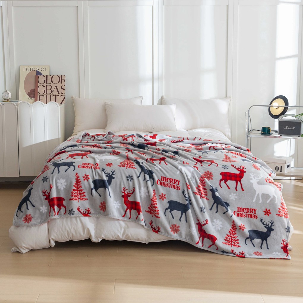 Patura de Craciun din microplus MERRY CHRISTMAS DEER gri Dimensiune: 200 x 220 cm