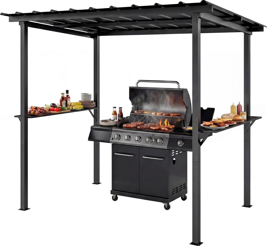 Outsunny Pavilion pentru grătar 2,71 x 1,82 m pavilion de grădină cu acoperiș înclinat, rafturi laterale, protecție UV 50+ Negru | Aosom Romania