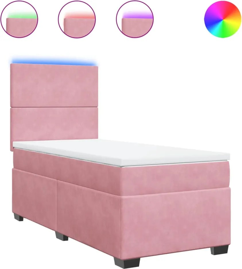 vidaXL Pat box spring cu saltea, roz, 90x200 cm, catifea