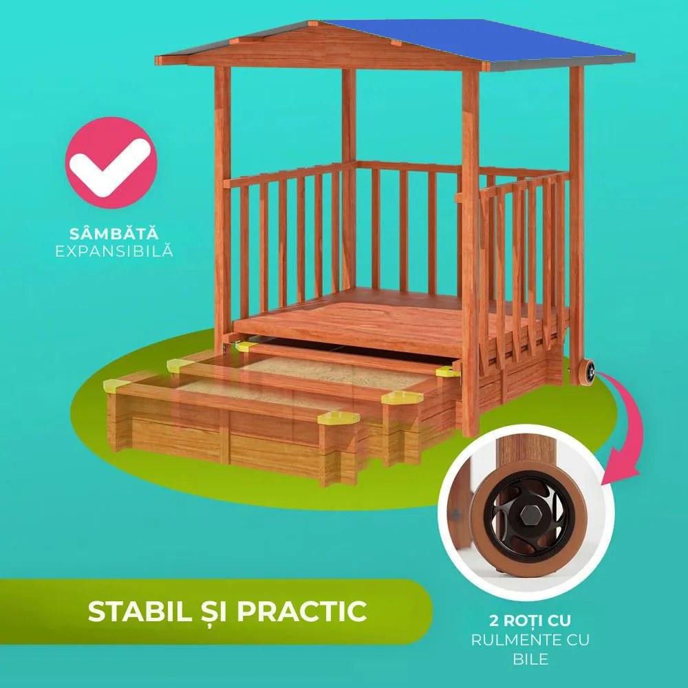 Groapa cu nisip cu verandă SUNNY, 130x130x143cm, maro/albastră Jurhan