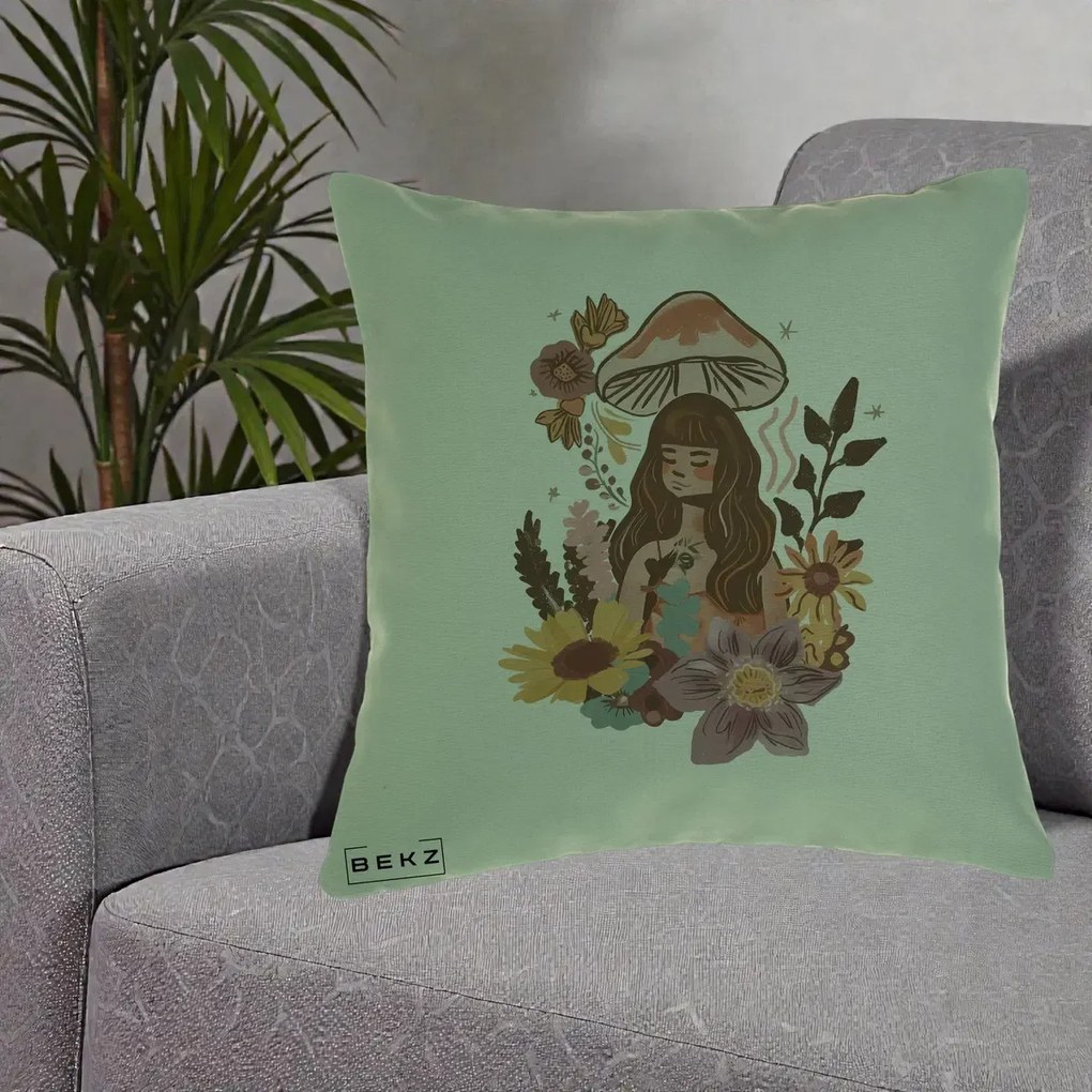 Perna Decorativa Fata Ciuperca Boho Florala, 40x40 cm, Verde, Husa Detasabila, Perna Inclusa, BEKZ®