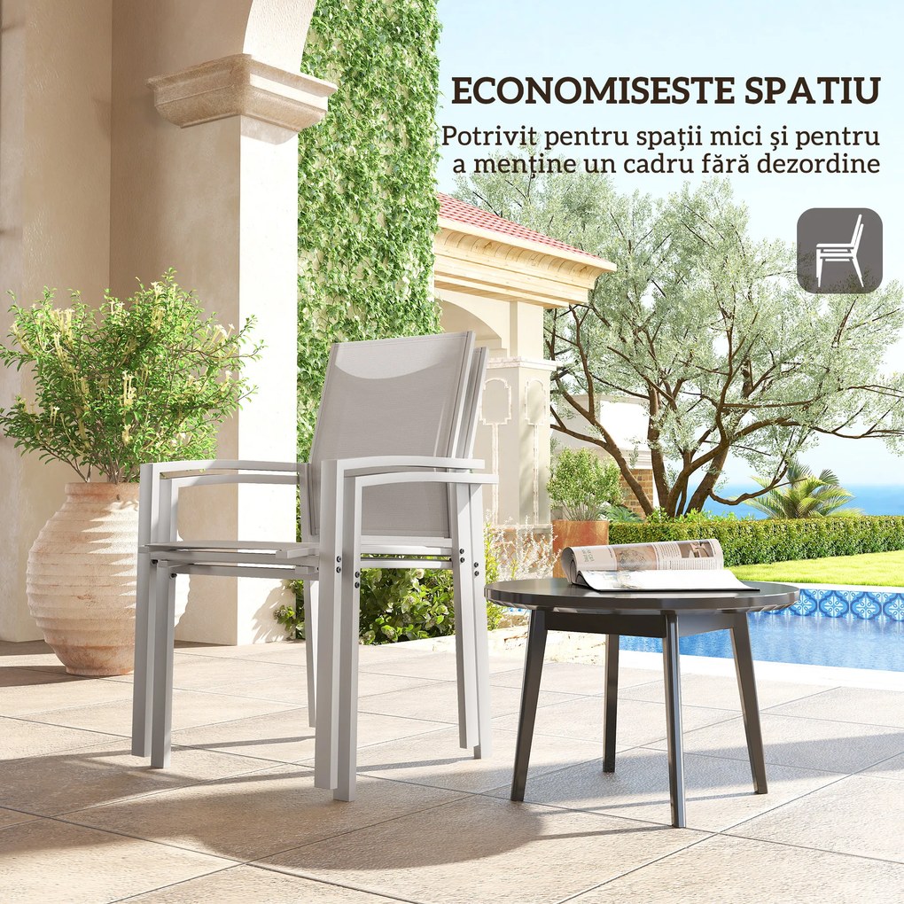 Outsunny Set de 2 Scaune de Grădină cu Cadru din Aluminiu, Plasă Respirabilă și Cotiere, 56x58x89 cm, Gri Deschis | Aosom Romania