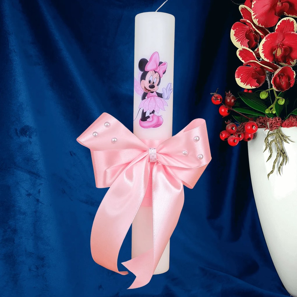 Lumanare botez decorata Zana roz 7 cm, 40 cm