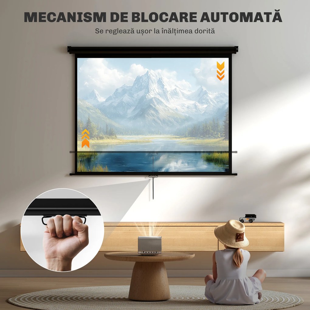 HOMCOM Ecran de Proiecție 84", Format 4:3, Unghi de 160° și Montare pe Tavan sau Perete, Negru | Aosom Romania