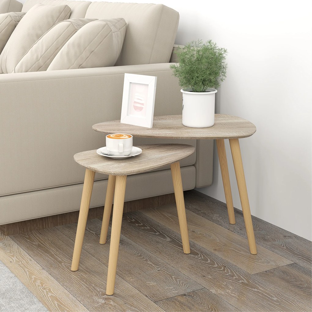 HOMCOM Set de 2 mese de cafea gigogne design scandinav, picioare din lemn și blat din lemn, aspect natural | Aosom Romania