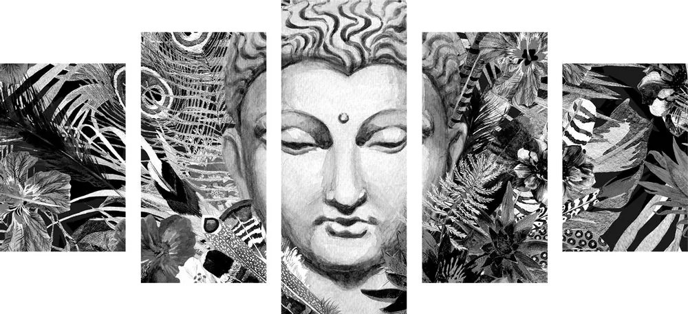 Tablou 5-piese Budha pe un fundal exotic în design alb-negru
