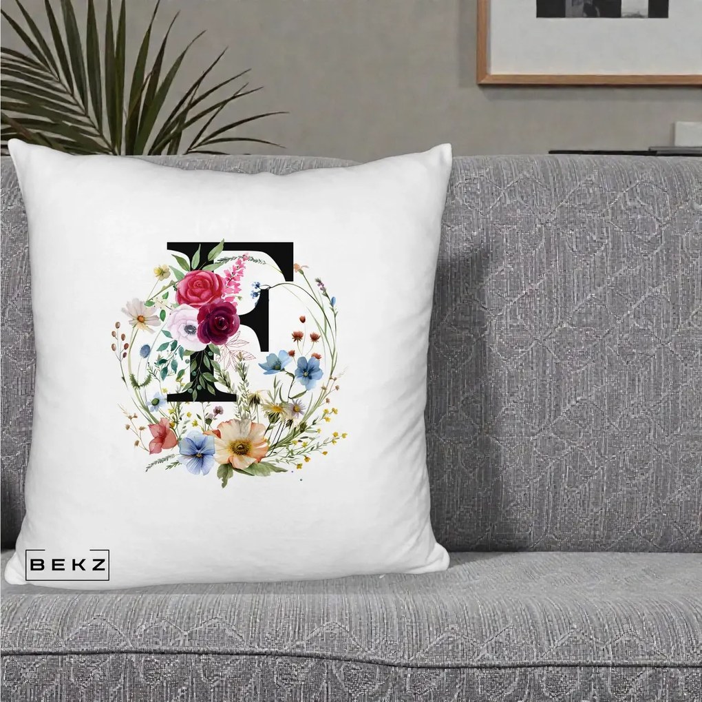 Cadou Personalizat - Perna Personalizata Monogram Litera F cu Flori Acuarela, 40x40 cm, Alb Pufos, Husa Detasabila, Perna Inclusa, BEKZ®