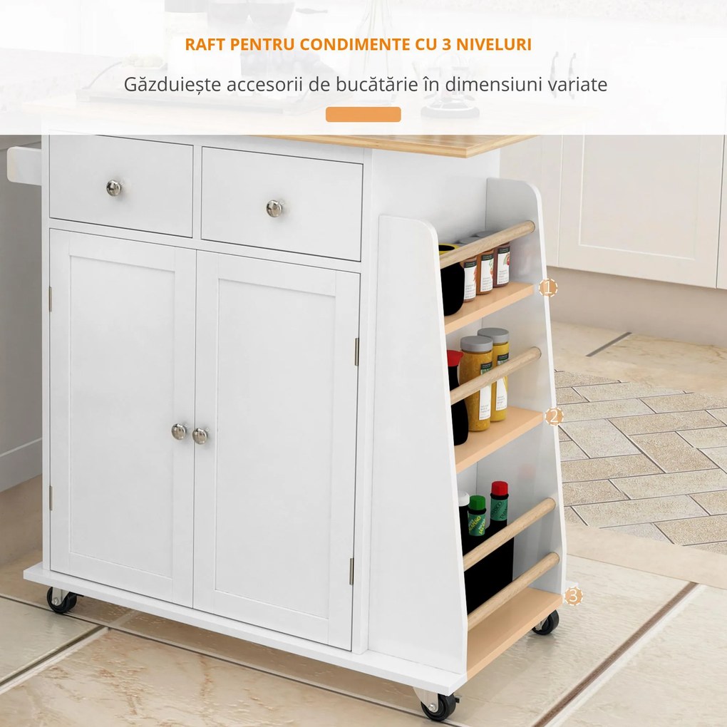 HOMCOM Cărucior Bucătărie cu 3 Niveluri, 2 Sertare Culisante, 4 Roți, Raft Reglabil, Design Modern, Alb și Lemn Natural, 89x45x89cm | Aosom Romania