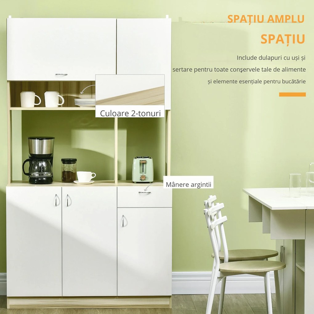 HOMCOM Dulap Bucătărie Multifuncțional 4 Uși 3 Dulapuri Sertar Raft Aglomerat 102x48x180cm Alb Lemn | Aosom Romania