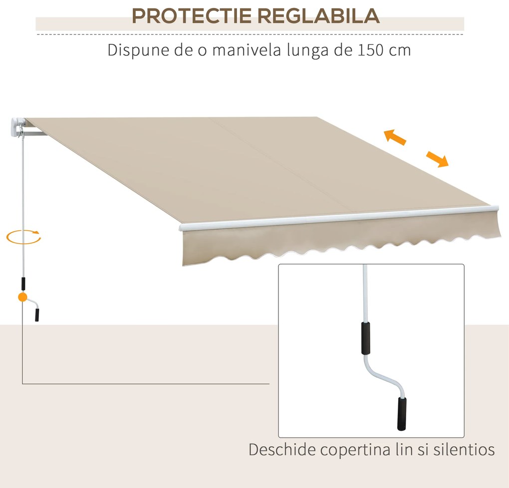 Outsunny Copertină pentru Exterior, Copertină Rulantă pentru Uși și Ferestre cu Deschidere cu Manivelă, 360x250 cm, Cremă | Aosom Romania