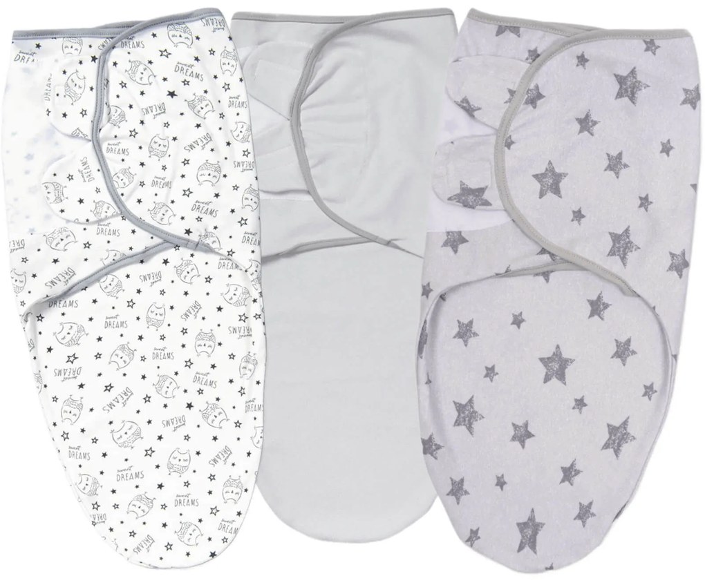 Set 3 sisteme de infasat reglabil din bumbac 0-3 luni Kidizi All Grey Owly, 100% bumbac