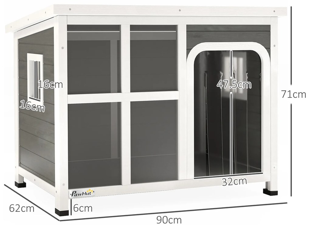PawHut Căsuță pentru Câini cu Ferestre Laterale, Bază Detașabilă și Acoperiș Rabatabil, 90x62x71 cm, Gri Deschis | Aosom Romania