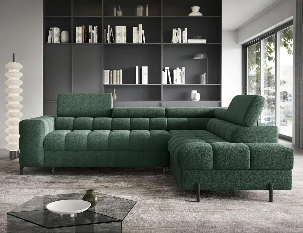 Colțar verde extensibil/cu spațiu de depozitare cu tapițerie din țesătură bouclé (cu colț pe partea dreaptă/în formă de ”L”) Ferucce – ELTAP