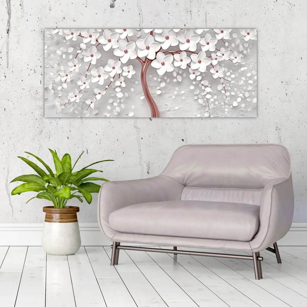 Tablou - Imaginea copacului alb cu flori albe, rosegold (120x50 cm)