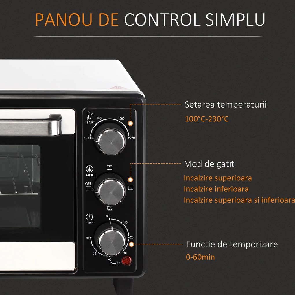 HOMCOM Cuptor Electric Ventilat cu Temperatură Reglabilă, 3 Moduri de Coacere, Tavă și Grătar, 44x32x28 cm, Alb | Aosom Romania