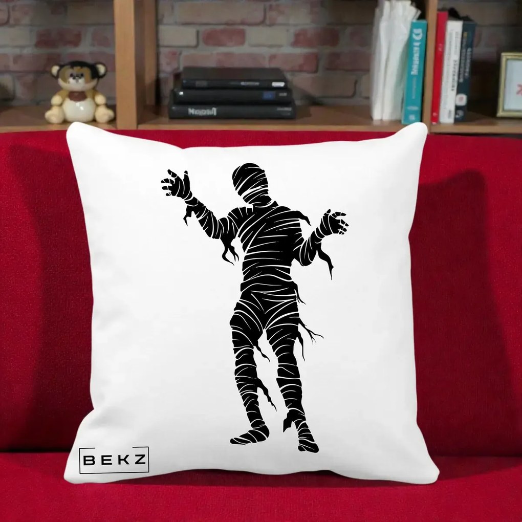 Perna Decorativa Mormii Infricosat Silueta Neagra Halloween, 40x40 cm, Alba Mata, Husa Detasabila, Perna Inclusa, BEKZ®