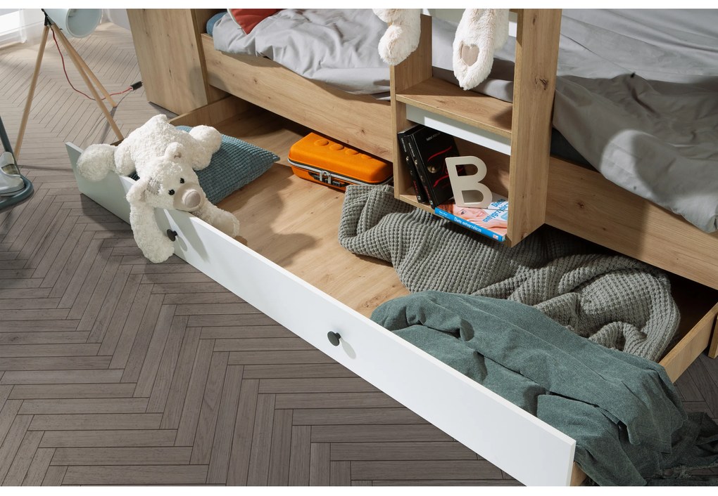 Pat pentru copii combinat 90 cm Sami 2 (Stejar artisan + alb mat + mânere negre). 1085815