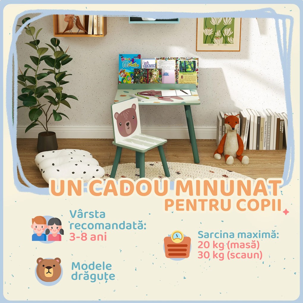 AIYAPLAY Birou Copii cu Raft pentru Depozitare din MDF și Lemn de Pin, cu Masă și Scaun, 60x48x53.5 cm, Verde | Aosom Romania