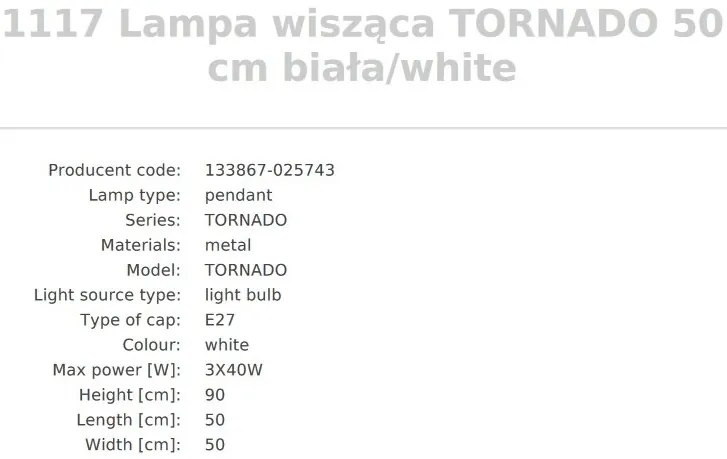 Pendul design modern Tornado alb 50cm
