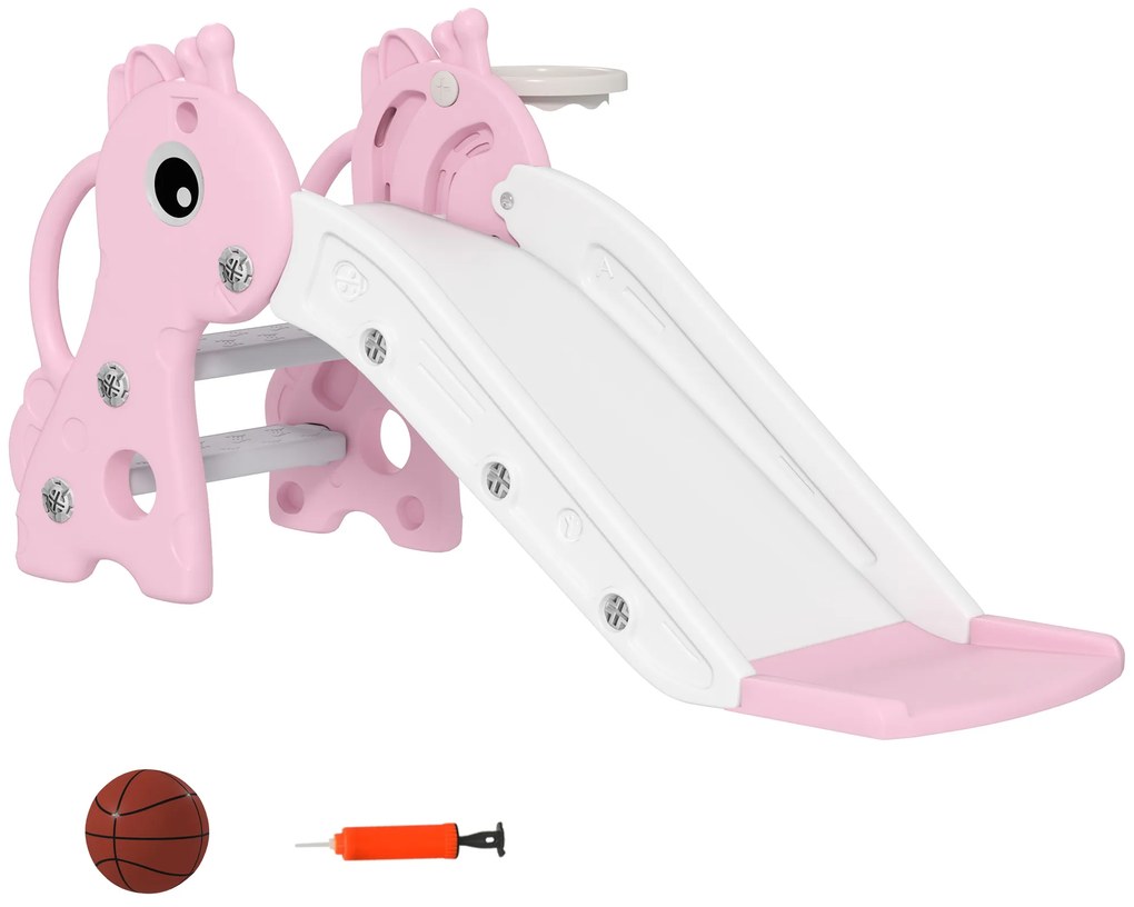 AIYAPLAY Tobogan pentru copii 3 în 1 în formă de girafă cu coș de baschet, cățărare și minge, 106 x 51,5 x 52 cm, roz | Aosom Romania