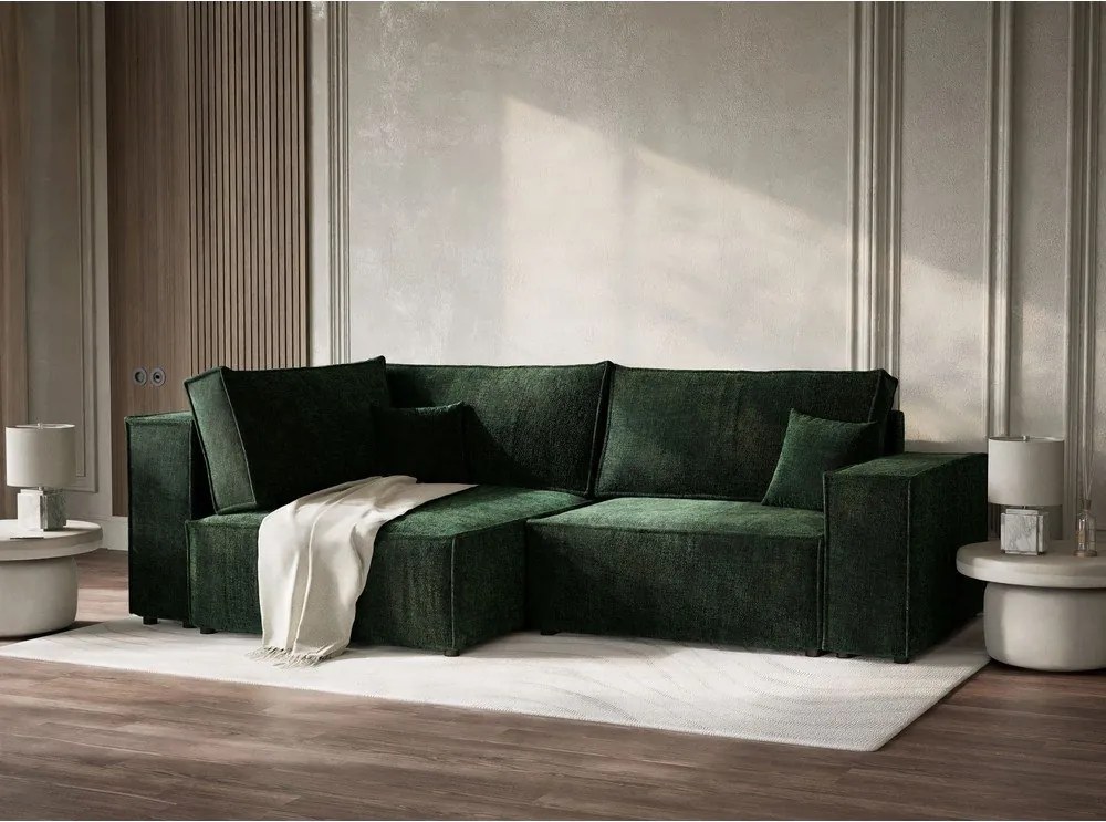 Colțar verde închis extensibil/cu spațiu de depozitare cu tapițerie din chenille (cu colț pe partea stângă/în formă de ”L”) Tonga – Maison de Rêve