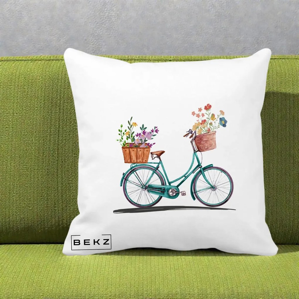 Perna Decorativa Bicicleta Florala Turcoaz Acuarela, 40x40 cm, Alba Mata, Husa Detasabila, Perna Inclusa, BEKZ®