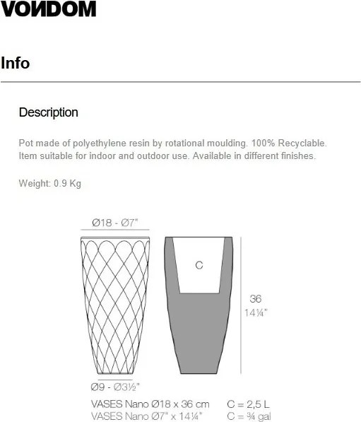 Vaza / Ghiveci de flori / plante / exterior / interior design modern premium VASES NANO PLANTER 18x36 47036F Vondom