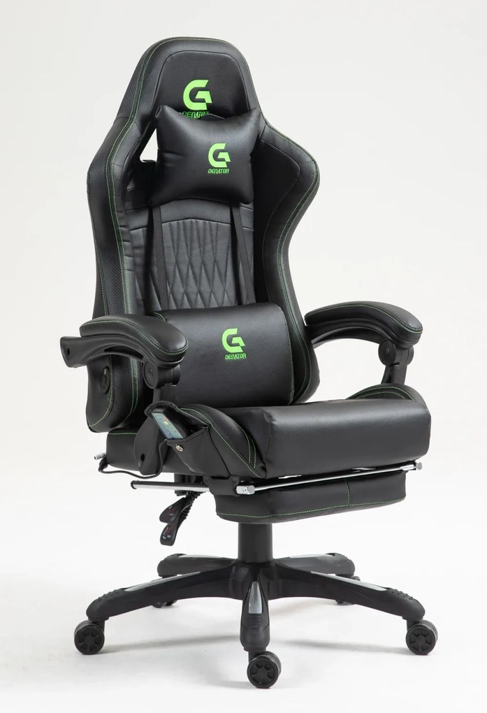 Scaun gaming, Masaj in 7 puncte, Boxe Bluetooth, funcție șezlong, 90-155 grade, suport picioare, PU, Negru/cusatura verde