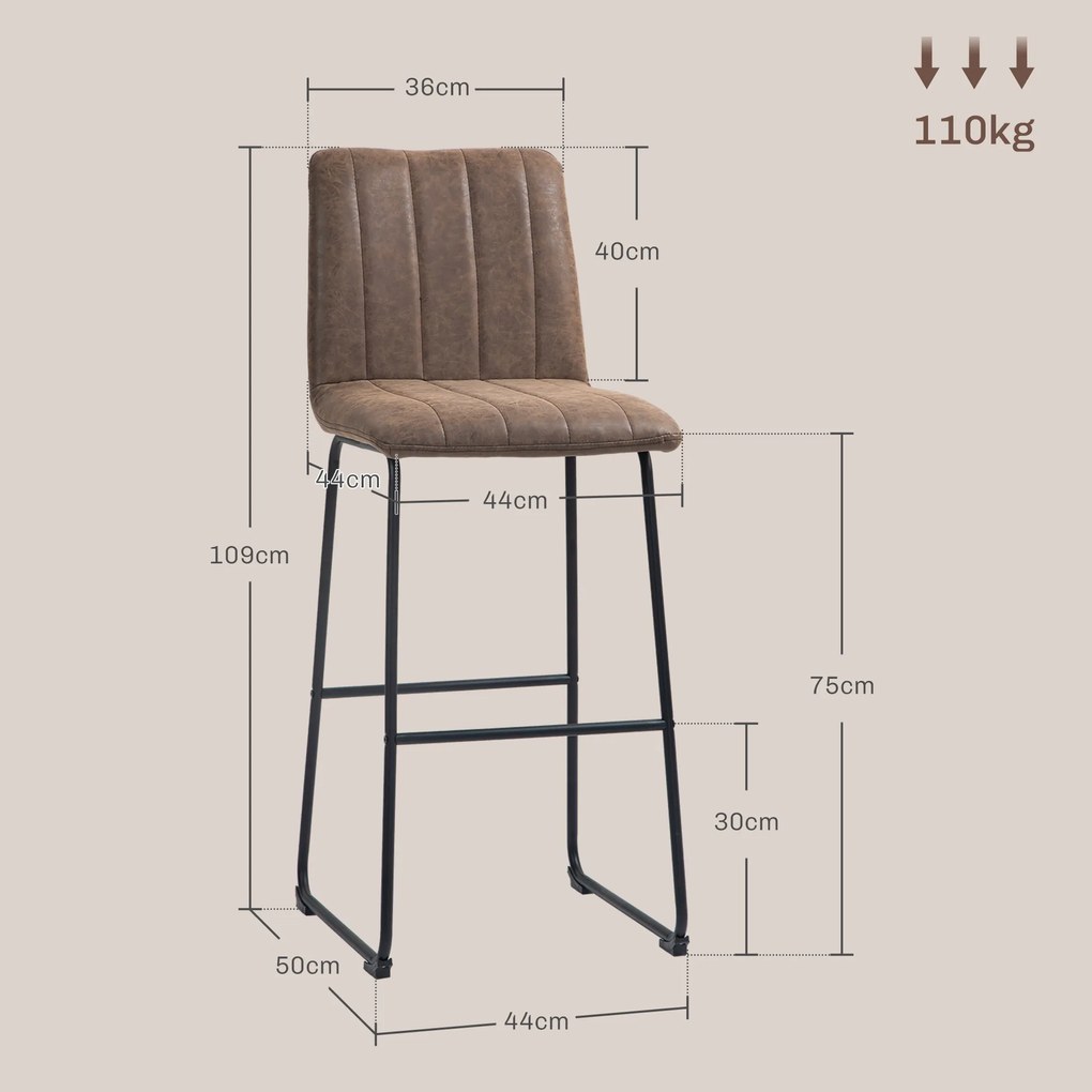 HOMCOM Set de 2 Scaune de Bar, Scaune Moderne pentru Bar, Tapițate cu Piele Ecologică, Spătar și Picioare de Oțel, 44x50x109 cm, Maro | Aosom Romania