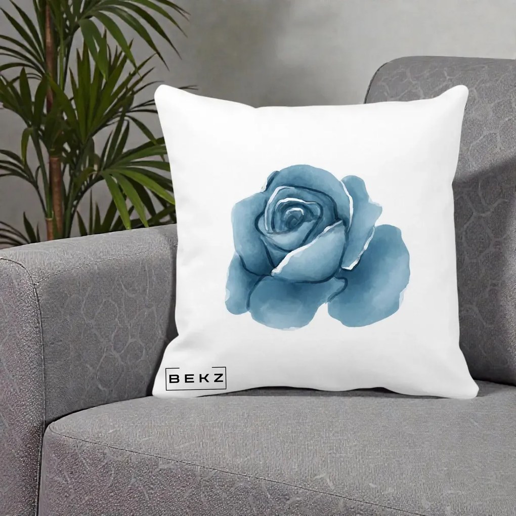 Perna Decorativa Trandafir Albastru Acuarela, 40x40 cm, Alba Mata, Husa Detasabila, Perna Inclusa, BEKZ®