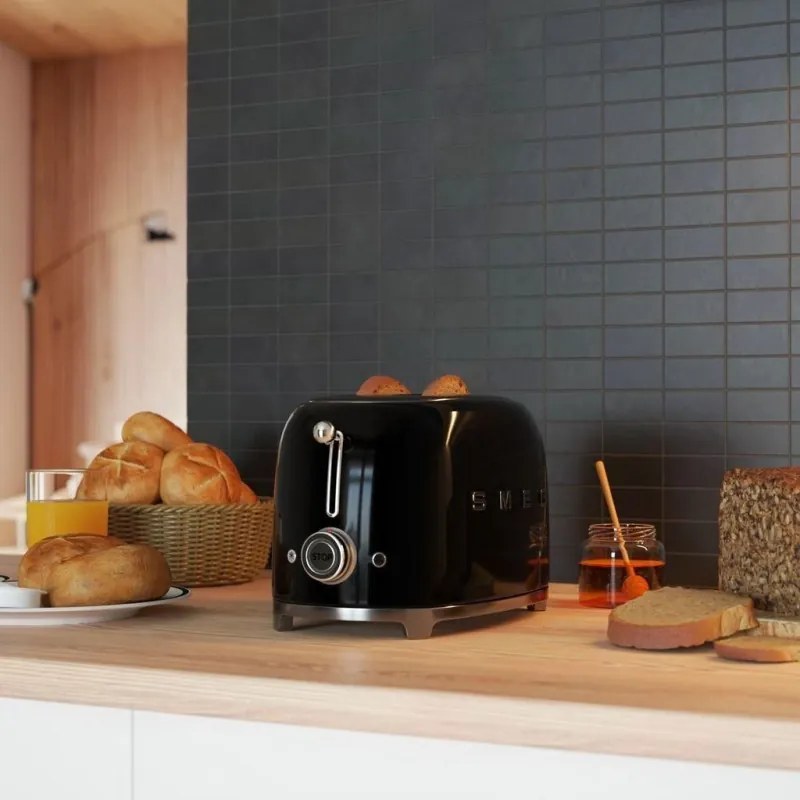 Prajitor de paine SMEG 50's Style TSF01BLEU, 950 W, 2 felii, 6 trepte, Tava pentru firimituri, Cablu integrat, Otel inoxidabil, Negru