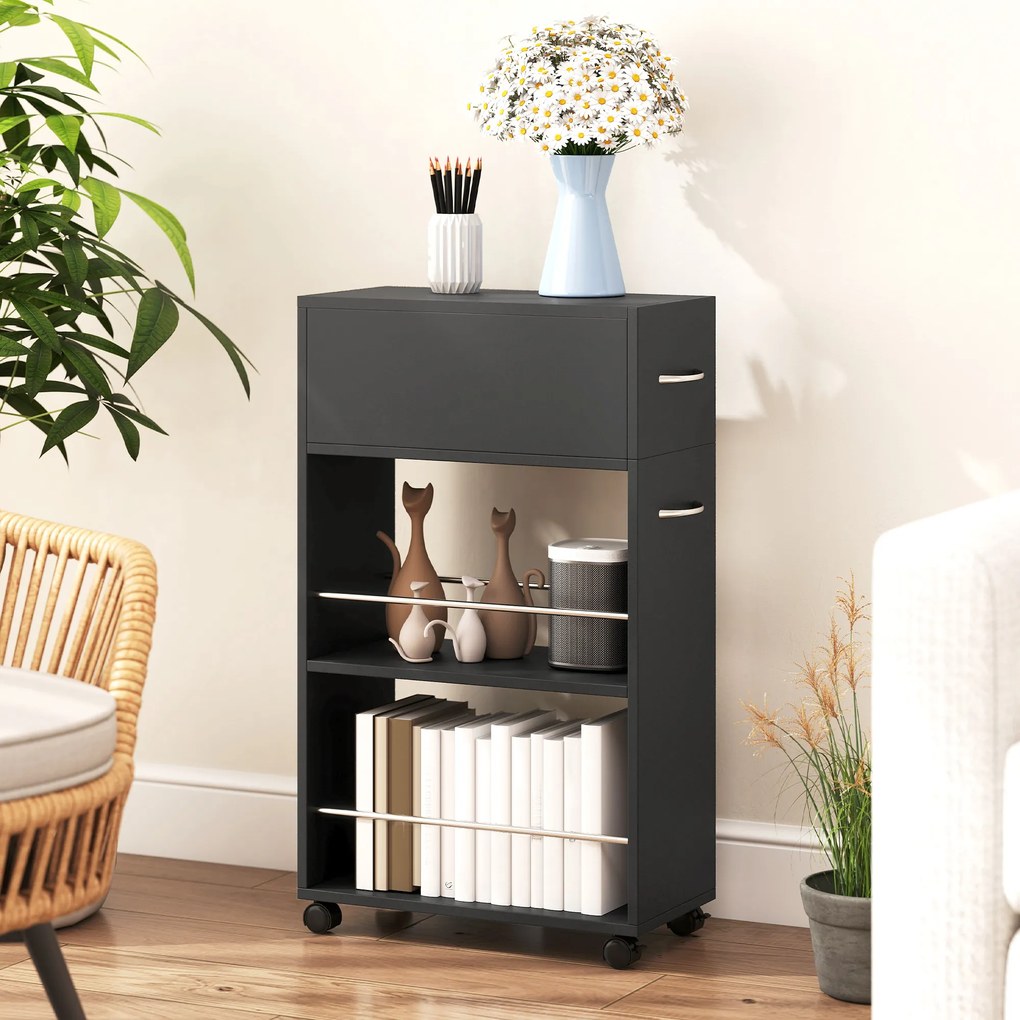 HOMCOM Cărucior de Bucătărie cu 2 Rafturi Deschise, Sertar și Balustrade Negru | Aosom Romania