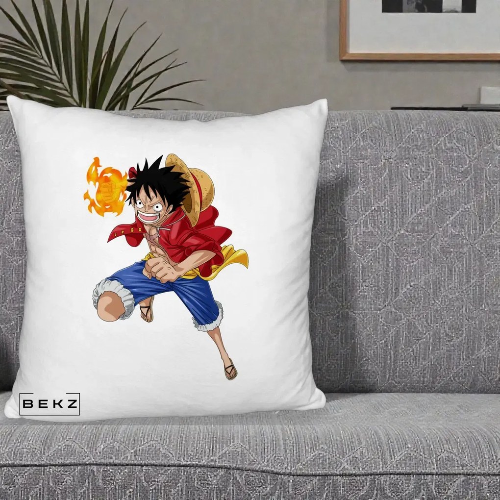Perna Personalizata One Piece Luffy Gear Second Foc, 40x40 cm, Alb Pufos, Husa Detasabila, Perna Inclusa, BEKZ®