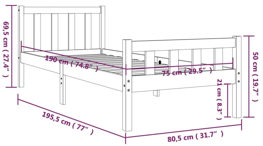 Cadru de pat Small Single 2FT6 maro miere, 75x190 cm lemn masiv maro miere, 75 x 190 cm