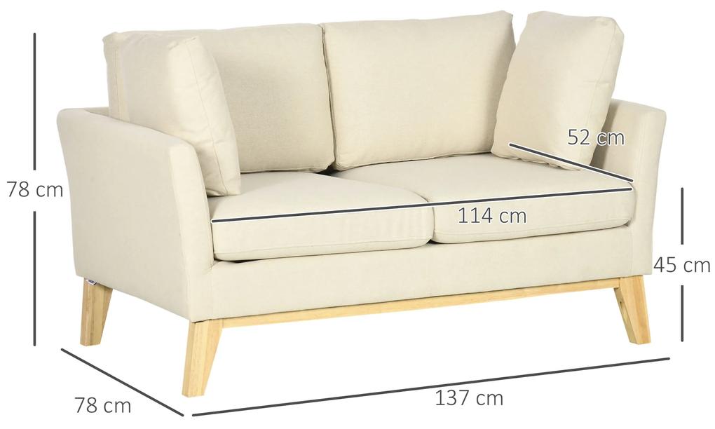 HOMCOM Canapea pentru 2 persoane pentru sufragerie, canapea mica, canapea tapitata cu 2 perne decorative, bej | AOSOM RO