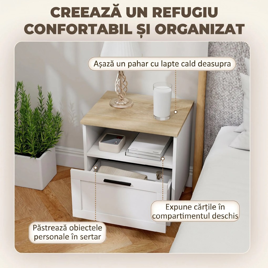 HOMCOM Noptieră Dormitor cu Sertar și Raft Deschis, Noptieră Modernă Compactă cu Picioare din Lemn de Pin, 45x38x50 cm, Alb | Aosom Romania