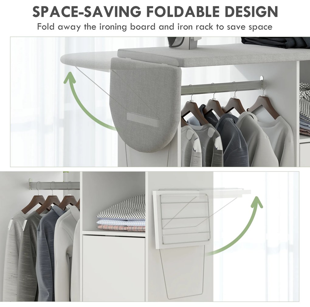 HOMCOM Dulap Multifuncțional cu Masă de Călcat | Blat din Tesatura Efect In | 3 Rafturi | Ghidaj pentru Agățat | 127x42.5x99 cm | Alb | Aosom Romania