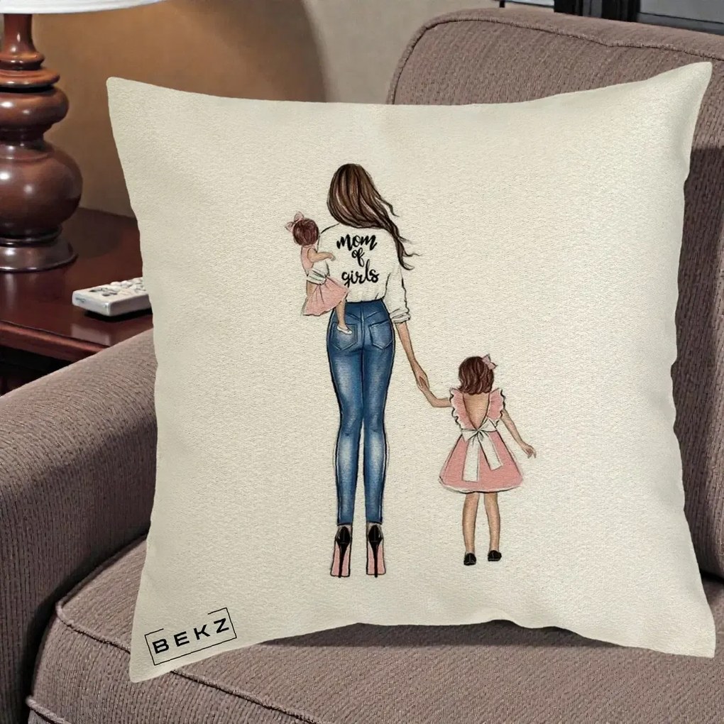 Cadou pentru Mama - Perna Personalizata Mom of Girls Mama cu Fetele, 40x40 cm, Ecru, Husa Detasabila, Perna Inclusa, BEKZ®