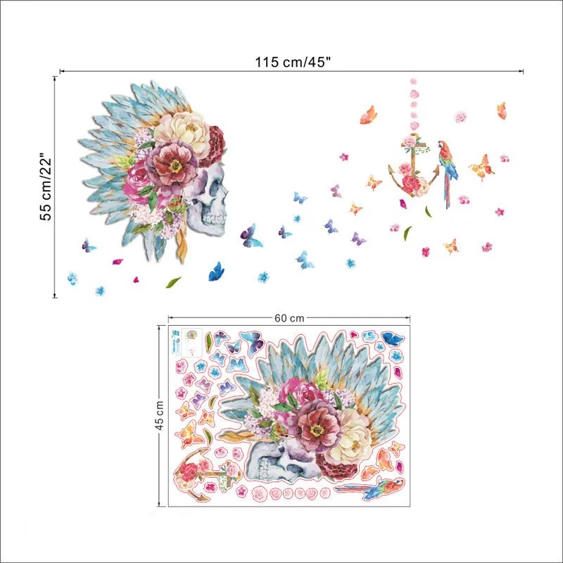 Autocolant de perete "Craniu colorat cu flori" 55x115 cm