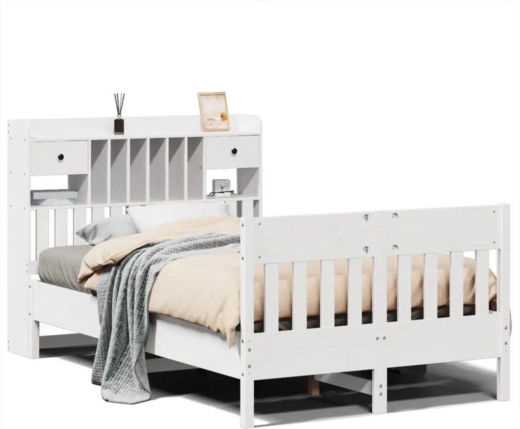 vidaXL Cadru de pat fără saltea, alb, 135x190 cm, lemn masiv de pin