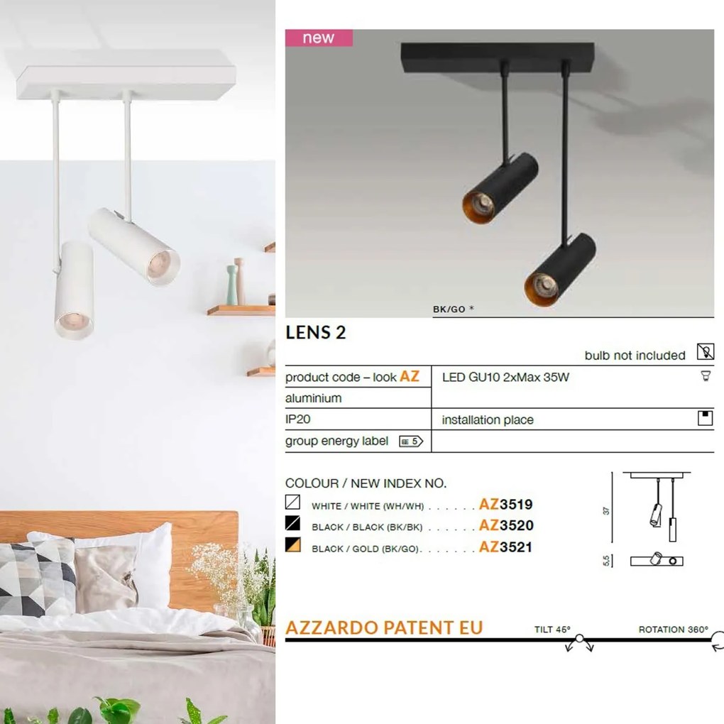 Plafoniera cu brate si spoturi directionabile LENS 2 negru/auriu