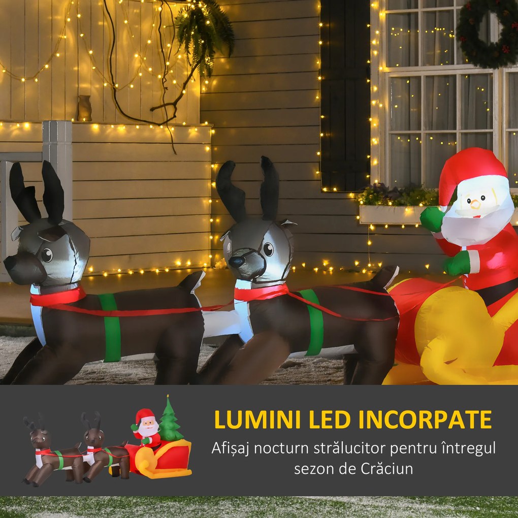 Mos Craciun Gonflabil cu Sanie , Reni si Brad de Craciun cu Lumini Led 210cm 210x80x120cm HOMCOM | Aosom RO