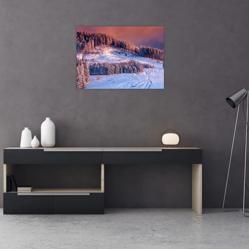 Tablou pe sticlă - Peisaj de iarnă (70x50 cm)
