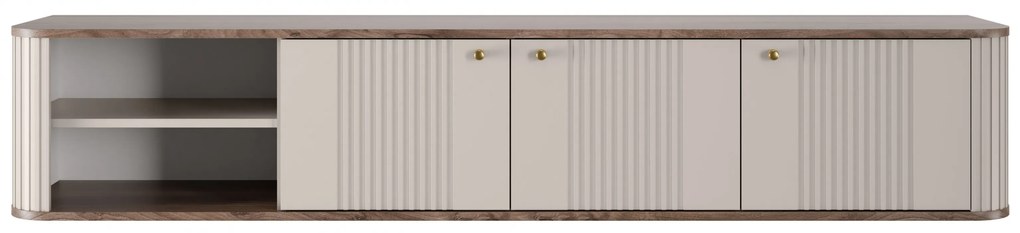 Comodă TV suspendată Vesper 187 cm cu trei uși - casmir / nuc / mânere aurii