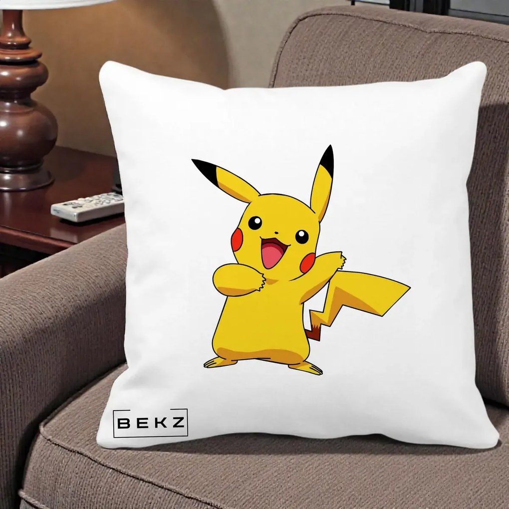 Perna Personalizata Pikachu Fericit, 40x40 cm, Alba Mata, Husa Detasabila, Perna Inclusa, BEKZ®