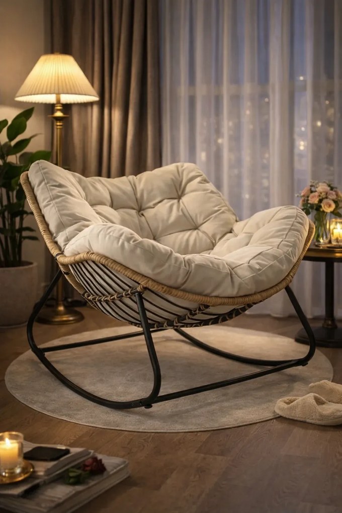 Scaun balansoar pentru interior si exterior, sezlong tip ou cu pernă captusita, cadru metalic, Bej